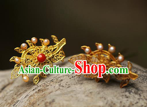 China Ancient Court Filigree Hair Jewelry Traditional Ming Dynasty Pearls Hairpin