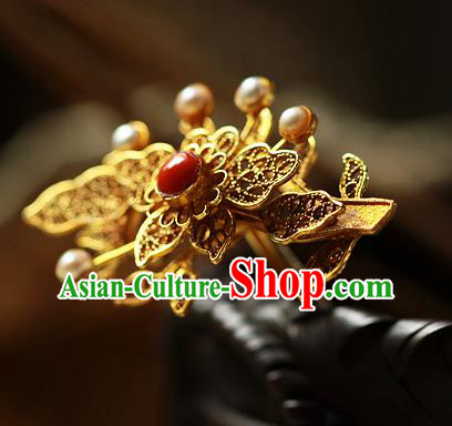 China Ancient Court Filigree Hair Jewelry Traditional Ming Dynasty Pearls Hairpin