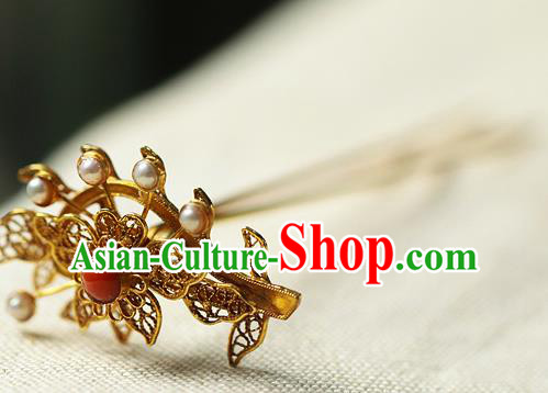 China Ancient Court Filigree Hair Jewelry Traditional Ming Dynasty Pearls Hairpin