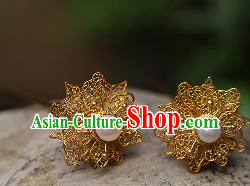 China Ancient Court Lady Pearl Hair Jewelry Traditional Song Dynasty Filigree Peony Hairpin