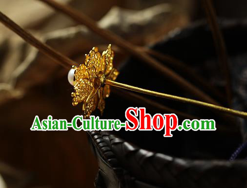 China Ancient Court Lady Pearl Hair Jewelry Traditional Song Dynasty Filigree Peony Hairpin