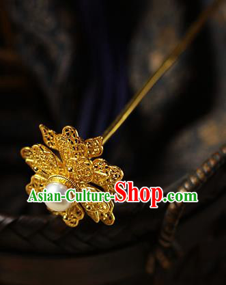 China Ancient Court Lady Pearl Hair Jewelry Traditional Song Dynasty Filigree Peony Hairpin