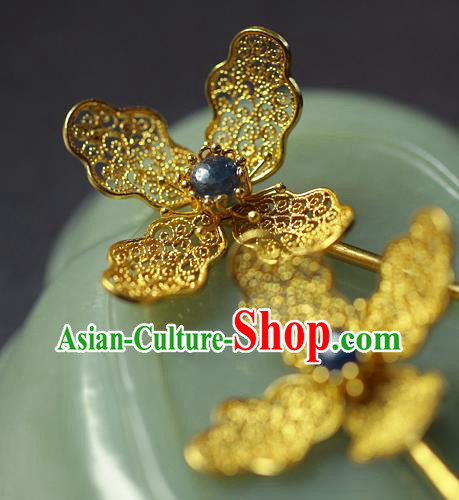 China Ancient Queen Sapphire Hair Stick Traditional Ming Dynasty Filigree Orchid Hairpin