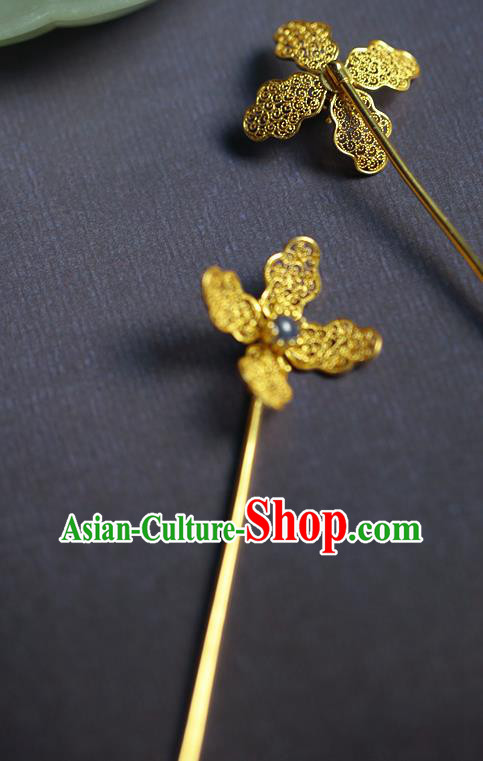 China Ancient Queen Sapphire Hair Stick Traditional Ming Dynasty Filigree Orchid Hairpin