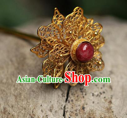 China Ancient Empress Ruby Hair Jewelry Traditional Song Dynasty Palace Filigree Hairpin