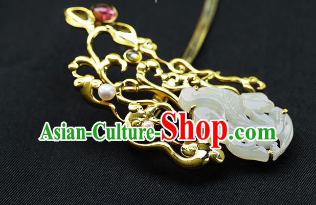 China Ancient Empress Jade Hair Jewelry Traditional Ming Dynasty Queen Golden Hairpin
