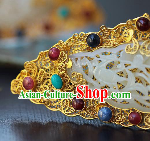 China Ancient Court Gems Hair Jewelry Traditional Ming Dynasty Empress Jade Golden Hairpin