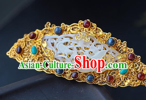 China Ancient Court Gems Hair Jewelry Traditional Ming Dynasty Empress Jade Golden Hairpin