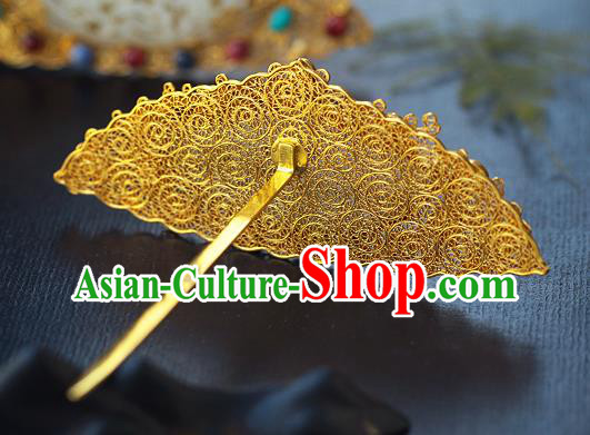 China Ancient Court Gems Hair Jewelry Traditional Ming Dynasty Empress Jade Golden Hairpin