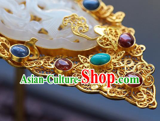 China Ancient Court Gems Hair Jewelry Traditional Ming Dynasty Empress Jade Golden Hairpin