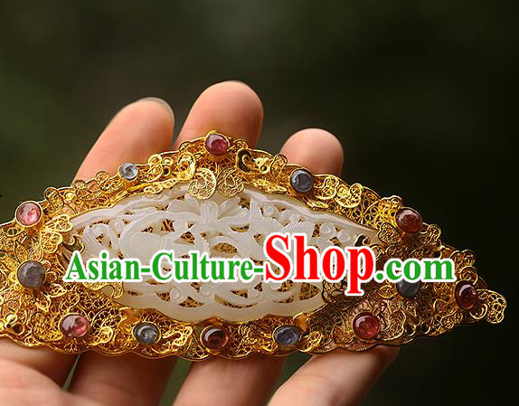 China Ancient Court Gems Hair Jewelry Traditional Ming Dynasty Empress Jade Golden Hairpin