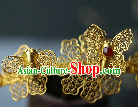 China Ancient Empress Ruby Hair Crown Traditional Ming Dynasty Court Filigree Butterfly Hairpin