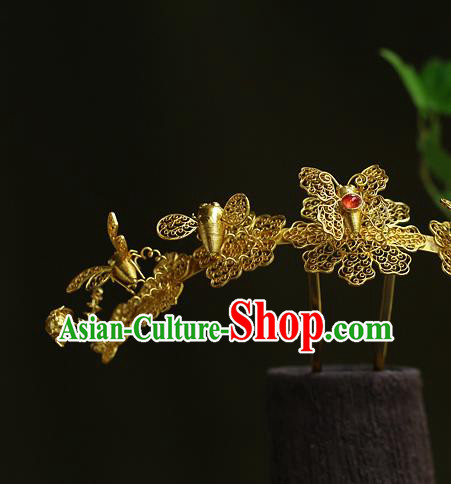 China Ancient Empress Ruby Hair Crown Traditional Ming Dynasty Court Filigree Butterfly Hairpin