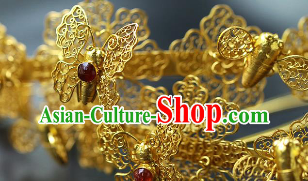 China Ancient Empress Ruby Hair Crown Traditional Ming Dynasty Court Filigree Butterfly Hairpin