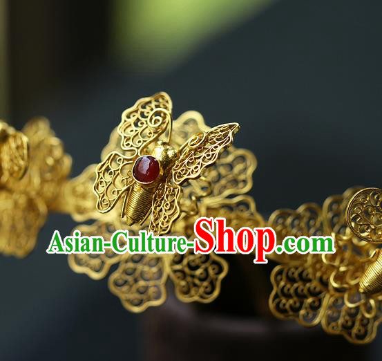 China Ancient Empress Ruby Hair Crown Traditional Ming Dynasty Court Filigree Butterfly Hairpin