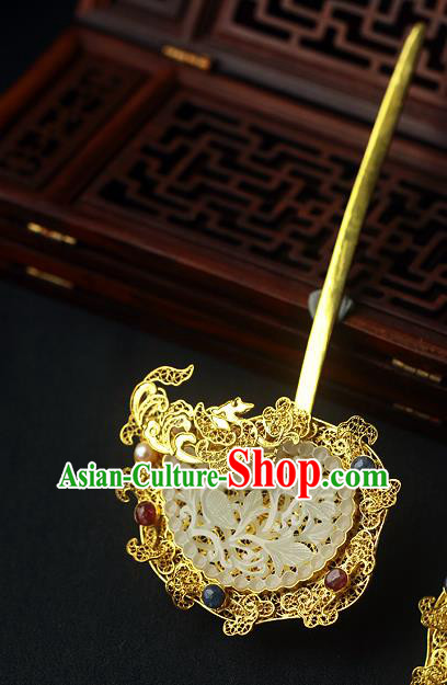 China Ancient Court Queen Filigree Hair Stick Traditional Ming Dynasty Empress Jade Hairpin