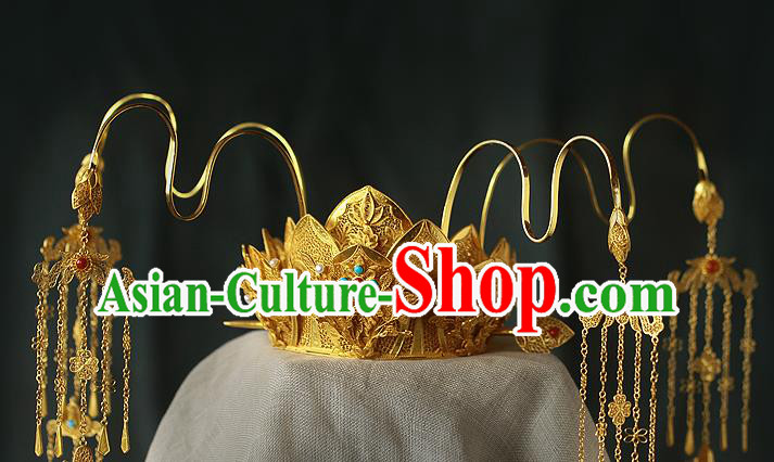 China Ancient Drama Queen Phoenix Coronet Traditional Tang Dynasty Golden Lotus Tassel Hair Crown