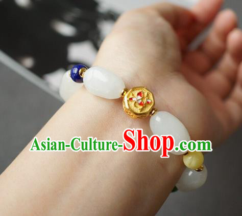 Chinese Traditional Cheongsam Wristlet Accessories Handmade National White Jade Bracelet