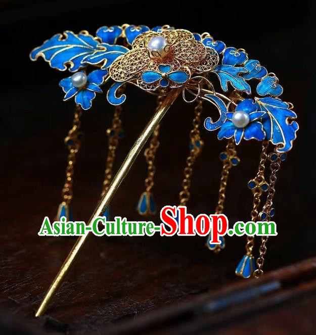 China Traditional Qing Dynasty Filigree Hair Accessories Handmade Ancient Imperial Consort Blueing Tassel Hairpin