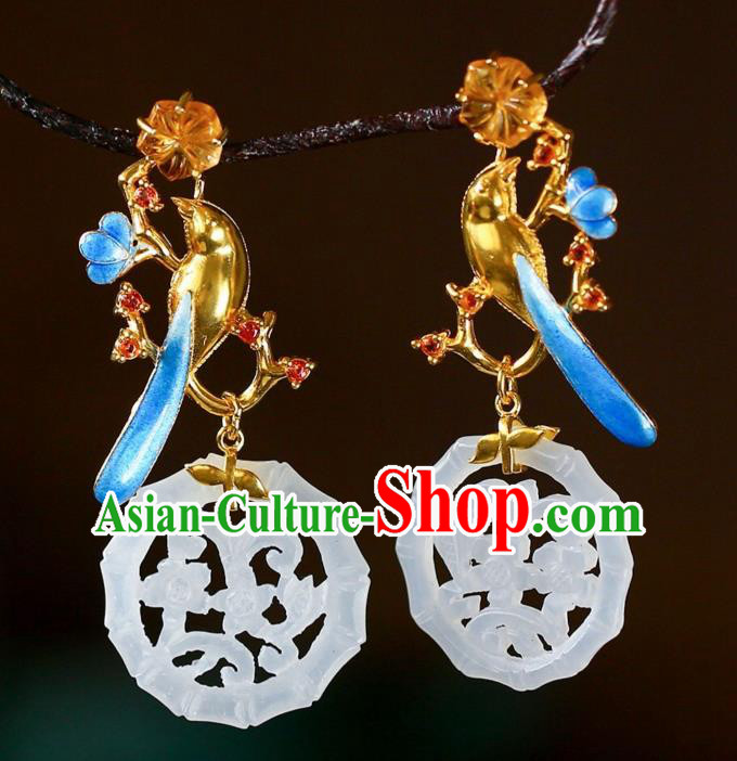 Chinese Handmade Hetian Jade Ear Accessories Traditional Cloisonne Earrings