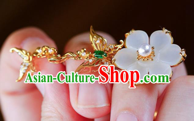 Chinese Handmade Jade Flower Ear Accessories Traditional Golden Butterfly Earrings