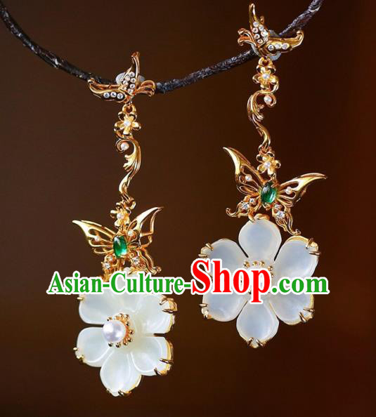 Chinese Handmade Jade Flower Ear Accessories Traditional Golden Butterfly Earrings