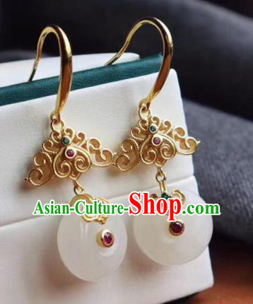 Chinese Handmade Golden Cloud Ear Accessories Traditional Cheongsam Jade Peace Buckle Earrings