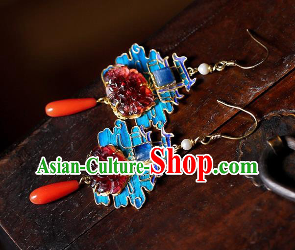 Chinese Handmade Cheongsam Tourmaline Peony Ear Accessories Traditional Qing Dynasty Court Earrings