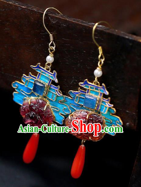 Chinese Handmade Cheongsam Tourmaline Peony Ear Accessories Traditional Qing Dynasty Court Earrings