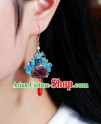 Chinese Handmade Cheongsam Tourmaline Peony Ear Accessories Traditional Qing Dynasty Court Earrings