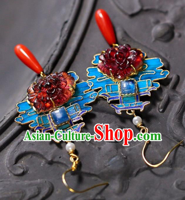 Chinese Handmade Cheongsam Tourmaline Peony Ear Accessories Traditional Qing Dynasty Court Earrings