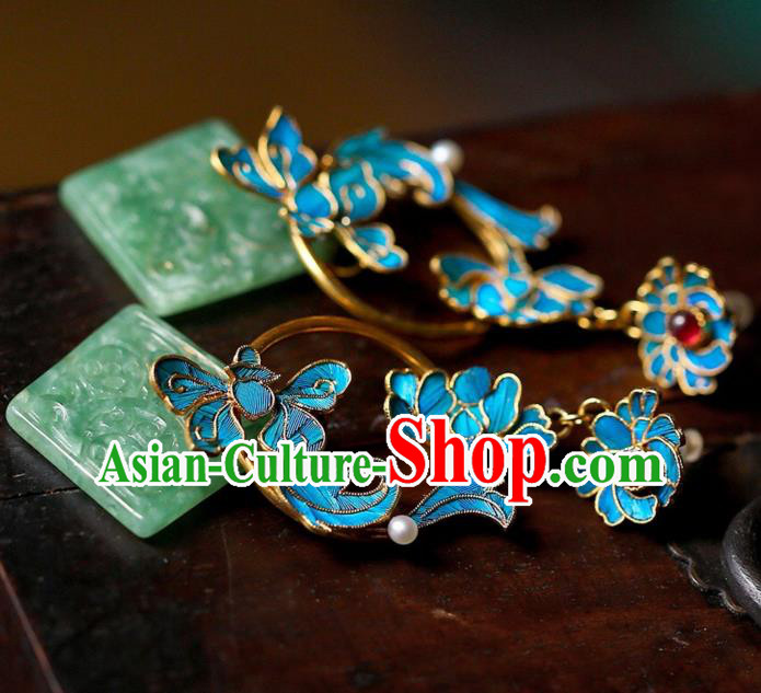 Chinese Handmade Jadeite Carving Ear Accessories Traditional Qing Dynasty Cheongsam Earrings