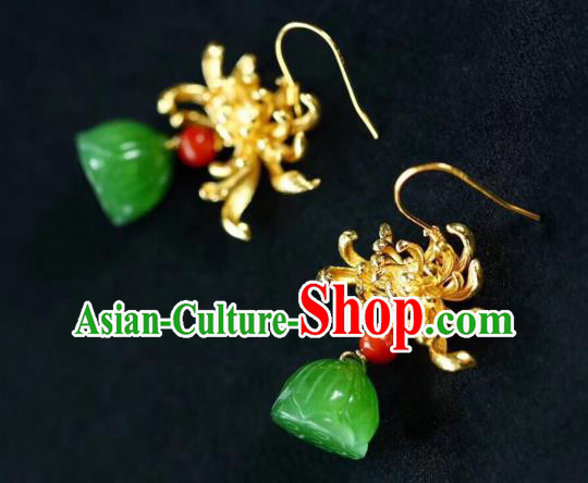 Chinese Handmade National Golden Chrysanthemum Ear Accessories Traditional Cheongsam Jade Lotus Seedpod Earrings