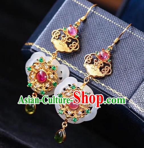 Chinese National Tourmaline Ear Accessories Handmade Traditional Cheongsam Hetian Jade Earrings