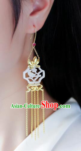 Chinese Handmade White Jade Ear Accessories Traditional Cheongsam Golden Orchid Tassel Earrings