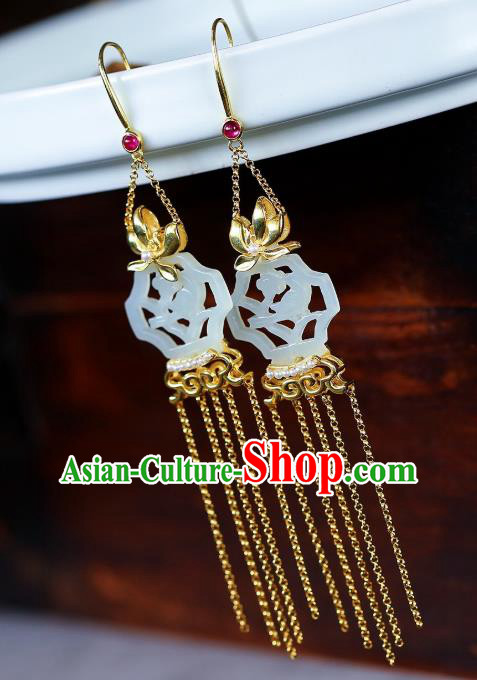 Chinese Handmade White Jade Ear Accessories Traditional Cheongsam Golden Orchid Tassel Earrings