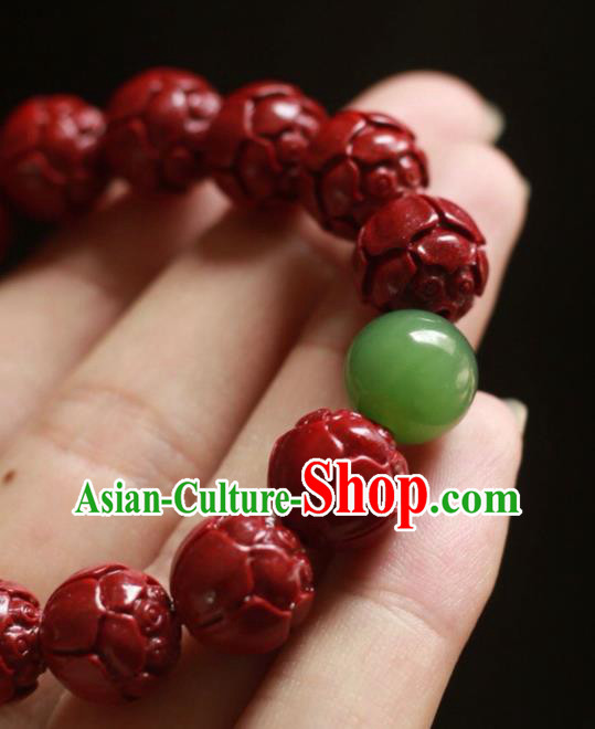 Chinese Traditional Cinnabar Beads Carving Wristlet Accessories National Cheongsam Jadeite Bracelet