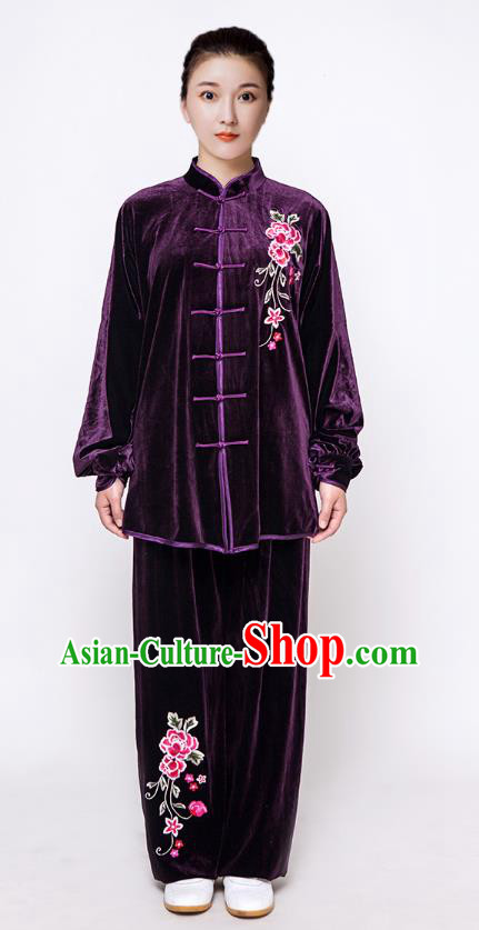 China Tai Chi Training Purple Velvet Costumes Traditional Embroidered Rose Kung Fu Uniforms Martial Arts Clothing