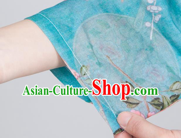 China Traditional Tai Chi Training Costume Printing Flowers Blue Flax Blouse Martial Arts Clothing