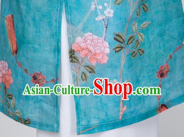China Traditional Tai Chi Training Costume Printing Flowers Blue Flax Blouse Martial Arts Clothing