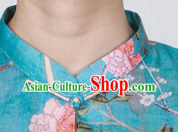 China Traditional Tai Chi Training Costume Printing Flowers Blue Flax Blouse Martial Arts Clothing