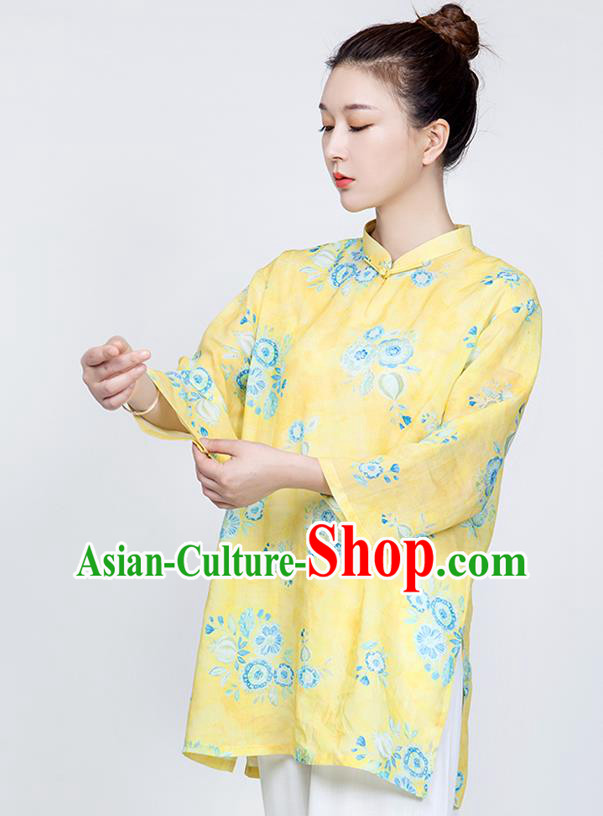 China Printing Flowers Yellow Flax Blouse Martial Arts Clothing Traditional Tai Chi Training Costume