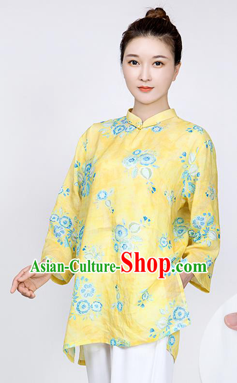 China Printing Flowers Yellow Flax Blouse Martial Arts Clothing Traditional Tai Chi Training Costume