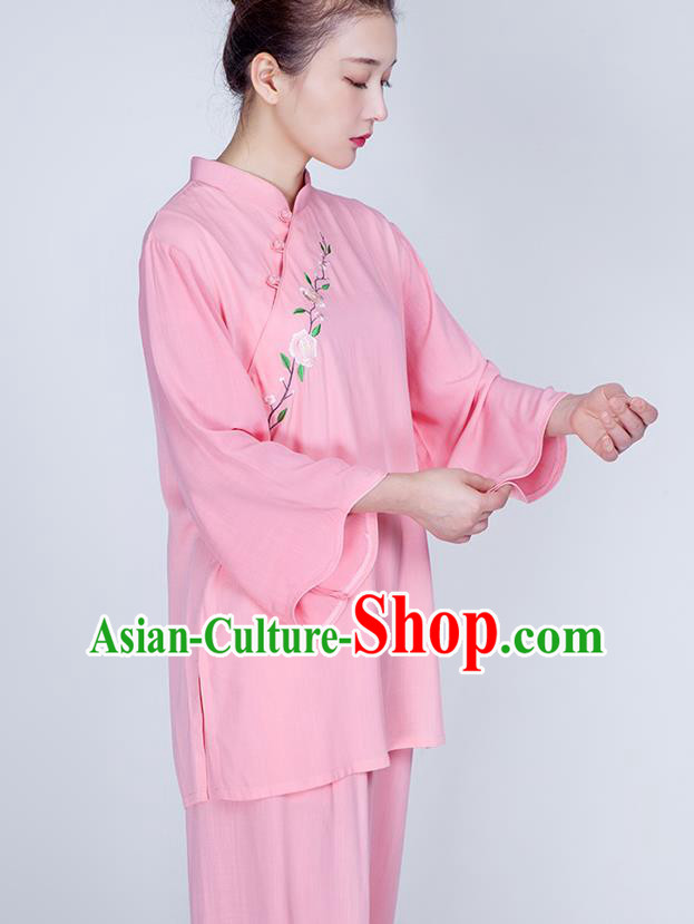China Martial Arts Embroidered Clothing Traditional Tai Chi Training Costume Kung Fu Pink Flax Uniforms