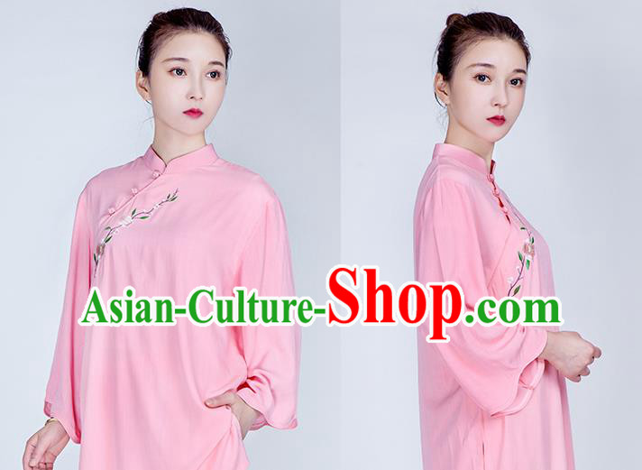 China Martial Arts Embroidered Clothing Traditional Tai Chi Training Costume Kung Fu Pink Flax Uniforms