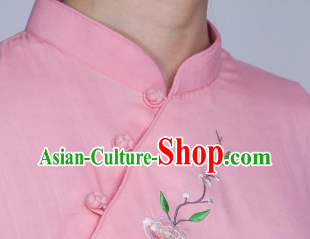 China Martial Arts Embroidered Clothing Traditional Tai Chi Training Costume Kung Fu Pink Flax Uniforms