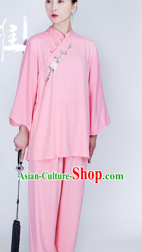 China Martial Arts Embroidered Clothing Traditional Tai Chi Training Costume Kung Fu Pink Flax Uniforms