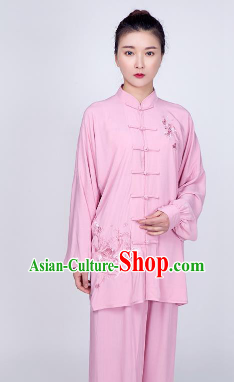 China Kung Fu Peach Pink Flax Uniforms Traditional Tai Chi Training Embroidered Costume