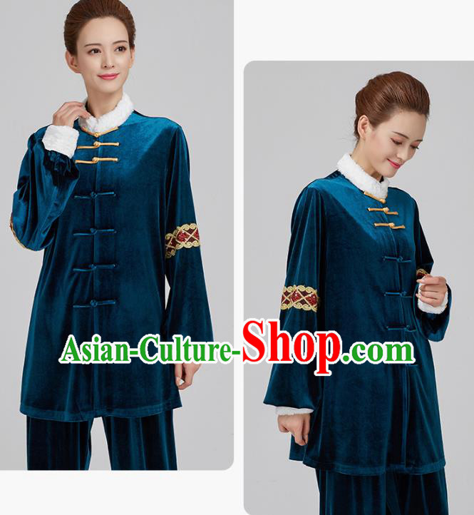 China Kung Fu Costume Tai Chi Clothing Martial Arts Navy Pleuche Uniforms