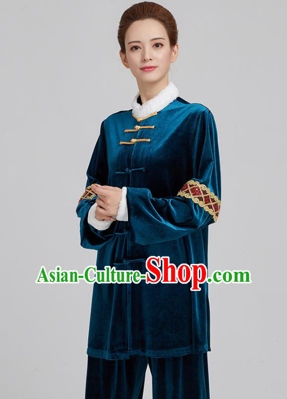 China Kung Fu Costume Tai Chi Clothing Martial Arts Navy Pleuche Uniforms
